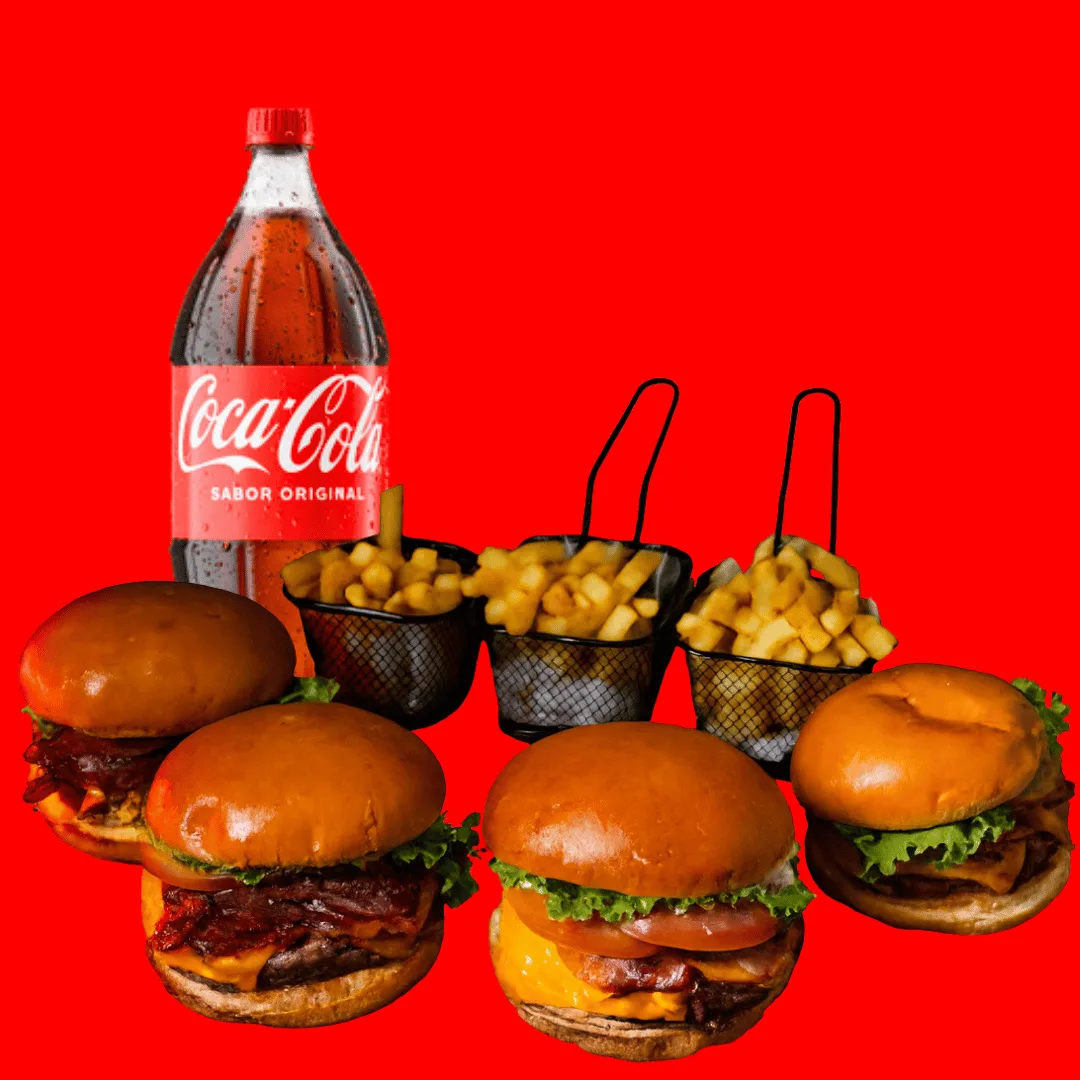 Combo com quatro hambúrgueres e refrigerante de dois litros