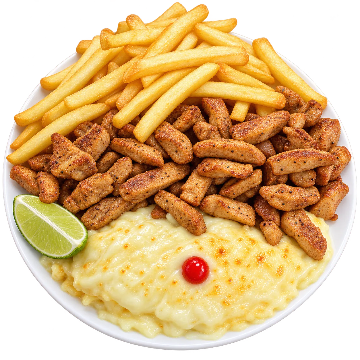 Toucinho à milanesa com fritas, angu e mussarela